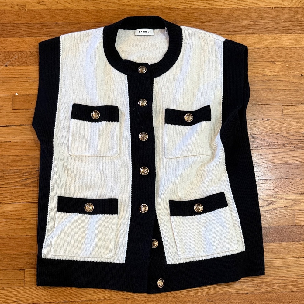 Sandro Black and Cream Button-Up Vest